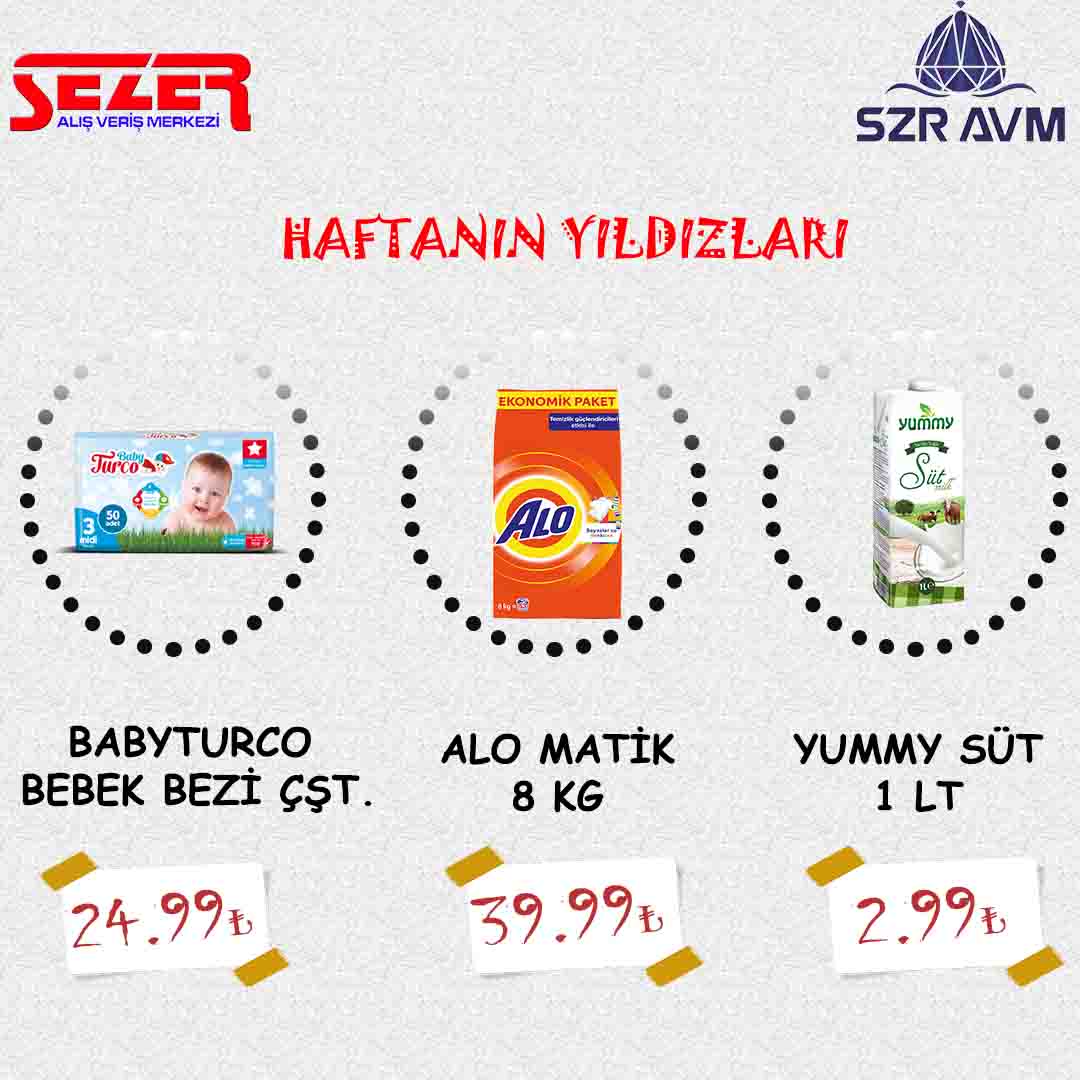 <p>**********HAFTANIN ÜRÜNLERİ**********</p>

<p>ALO MATİK 8 KG&nbsp; &nbsp; &nbsp; &nbsp; &nbsp; &nbsp; &nbsp; &nbsp; &nbsp;&nbsp; &nbsp; &nbsp; &nbsp; &nbsp; &nbsp; 39.99₺</p>

<p>BABY TURCO BEBEK BEZİ&nbsp; &nbsp; &nbsp; &nbsp; &nbsp; &nbsp; 24.99₺</p>

<p>YUMMY SÜT 1 LT&nbsp; &nbsp; &nbsp; &nbsp; &nbsp; &nbsp; &nbsp; &nbsp; &nbsp; &nbsp; &nbsp; &nbsp; &nbsp; &nbsp; 2.99₺</p>

<p>**************************************</p>
